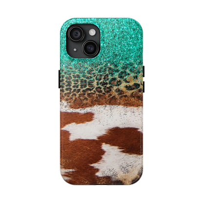 Western Cow Print, Teal, and Leopard print Design Phone Case- Lightweight, Impact Resistant Cover for iPhone 6, 6s, 12, 13, 14, 15