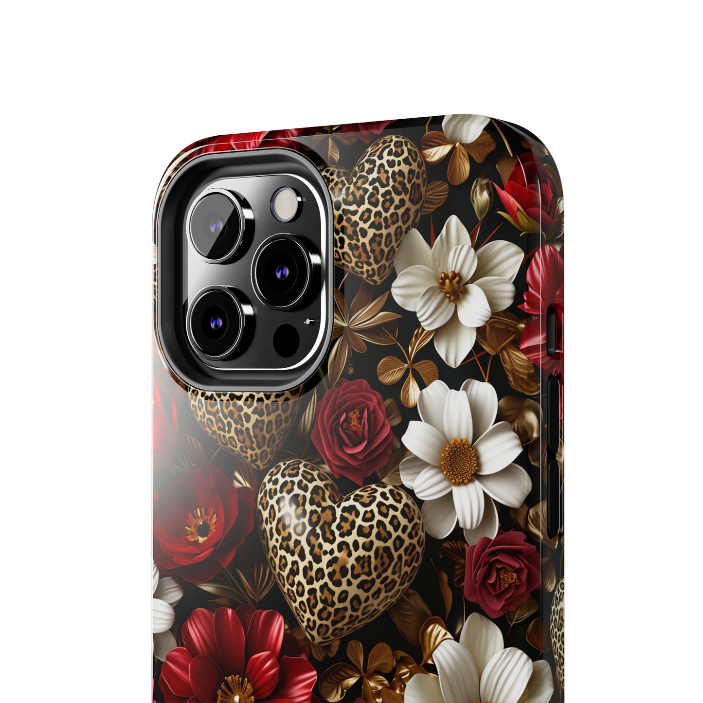 Red Gold Flowers Leopard Hearts Digital print Design Tough Phone Case compatible with a large variety of iPhone models, Gift, Phone Case