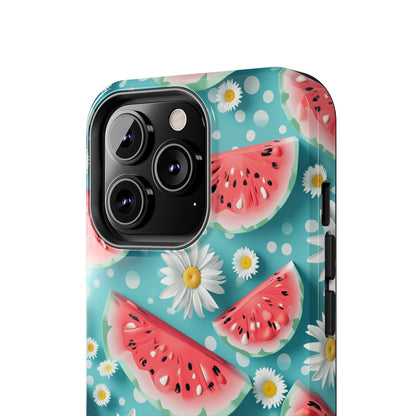 Watermelon Slices and Daisies Digital print Design Tough Phone Case compatible with a large variety of iPhone models, Gift, Phone Case