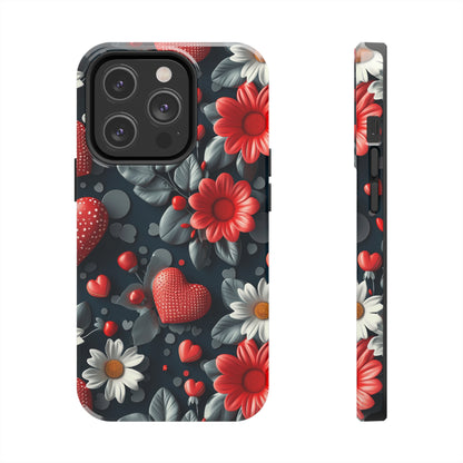 3D Flowers and Red Hearts Digital print Design Tough Phone Case compatible with a large variety of iPhone models, Gift, Phone Case