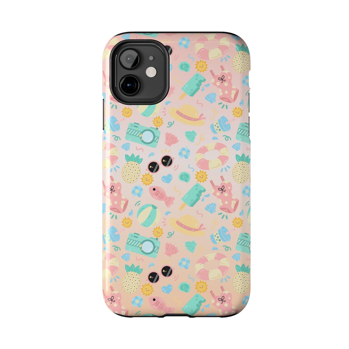 Cute Summer Vibes iPhone Case, Tropical Beach Icons Phone Cover, Pastel Colored Accessory Design, Protective Case for iPhone Models, Tough Phone Case