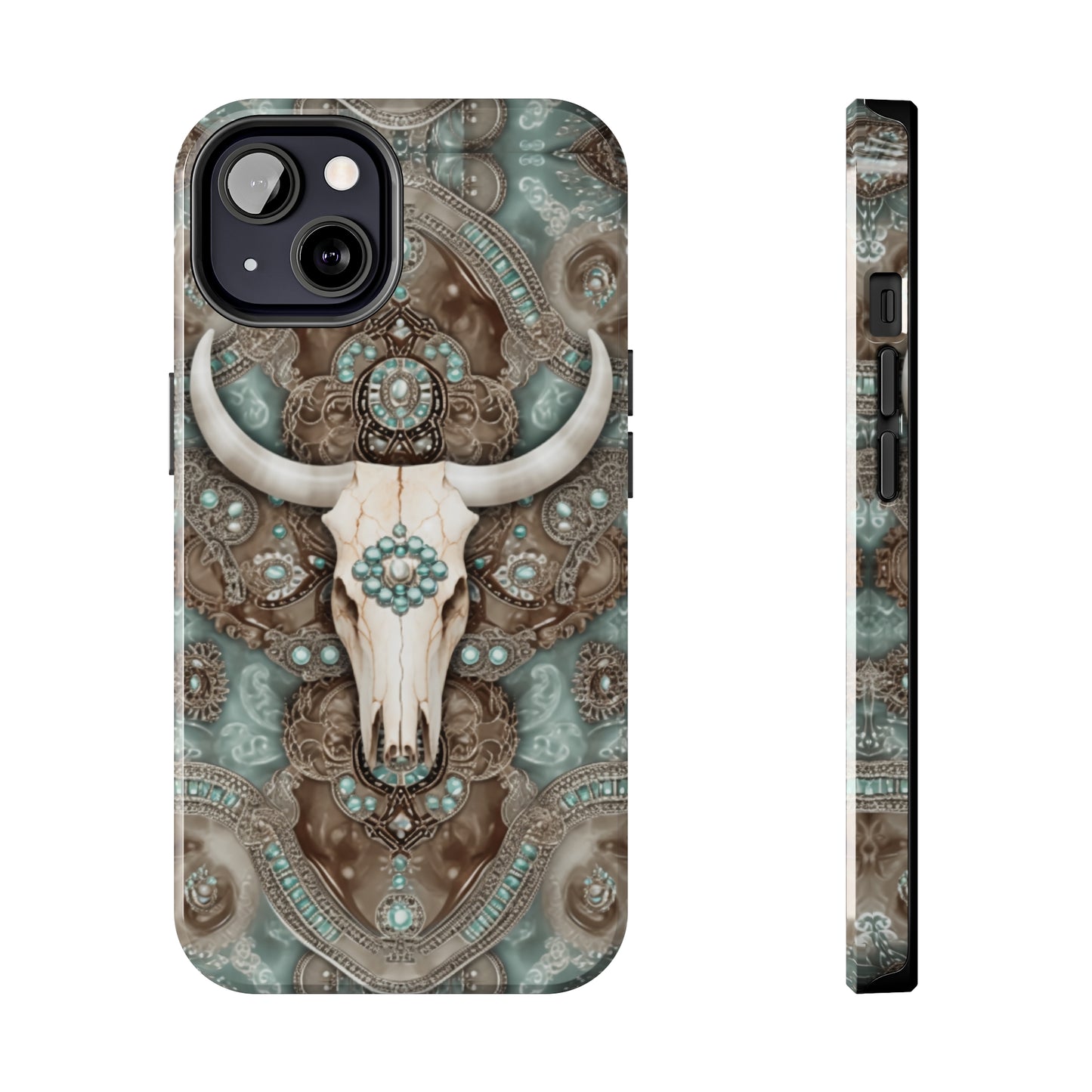 Western Cow Skull and Turquoise print design Phone Case- Lightweight, Impact Resistant Cover for iPhone 6, 6s, 12, 13, 14, 15