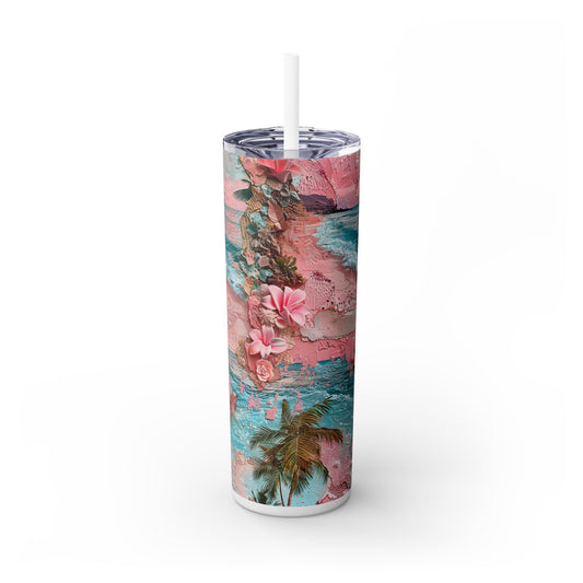 Pink Paradise Beach Collage Design Skinny Tumbler with Straw, 20oz
