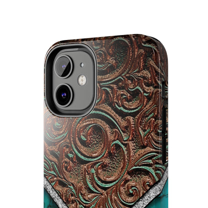 Western Cow Print, Faux Turquoise and Leather Digital print design Phone Case- Lightweight, Impact Resistant Cover for iPhone 6, 6s, 12, 13, 14, 15