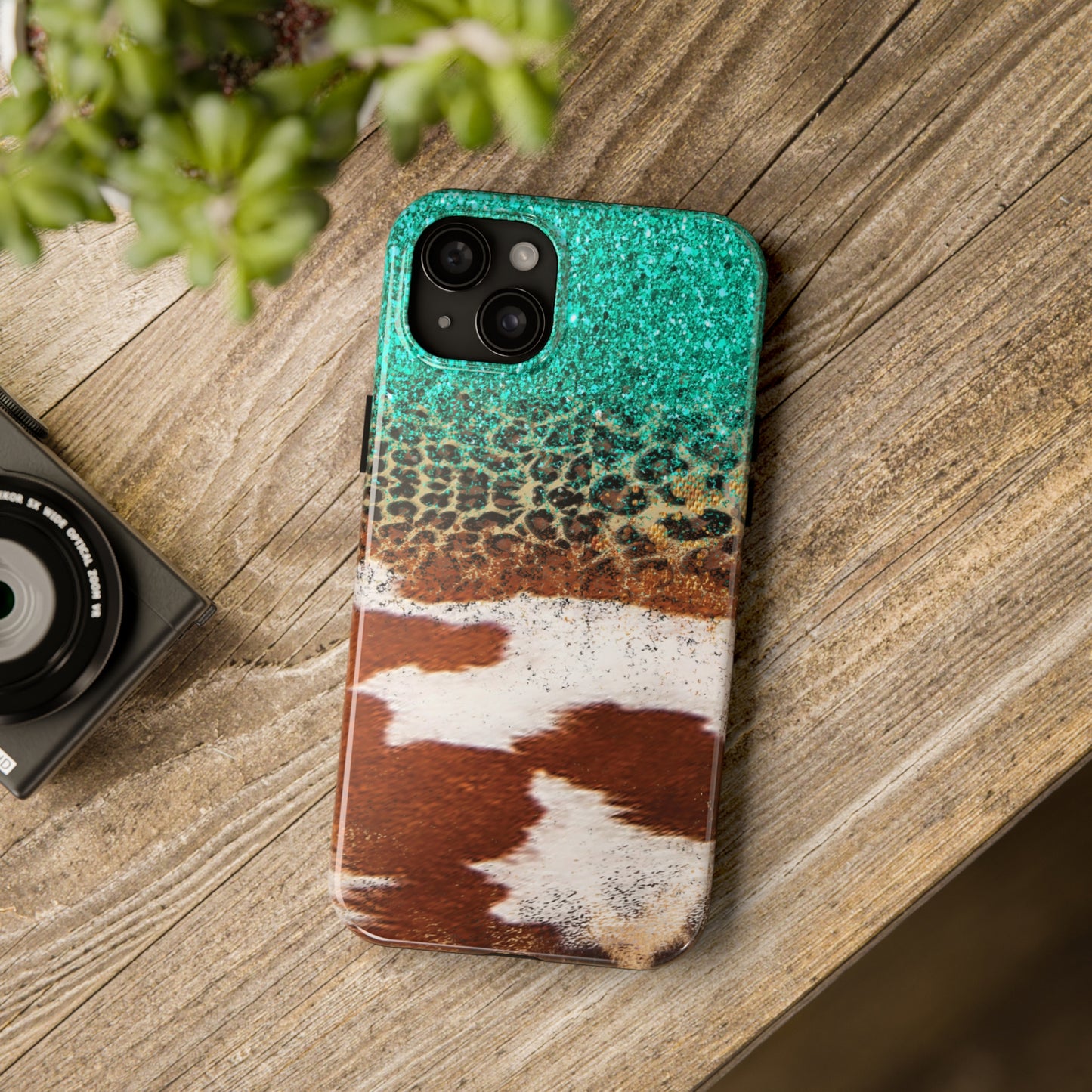 Western Cow Print, Teal, and Leopard print Design Phone Case- Lightweight, Impact Resistant Cover for iPhone 6, 6s, 12, 13, 14, 15