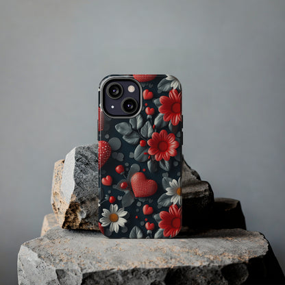 3D Flowers and Red Hearts Digital print Design Tough Phone Case compatible with a large variety of iPhone models, Gift, Phone Case