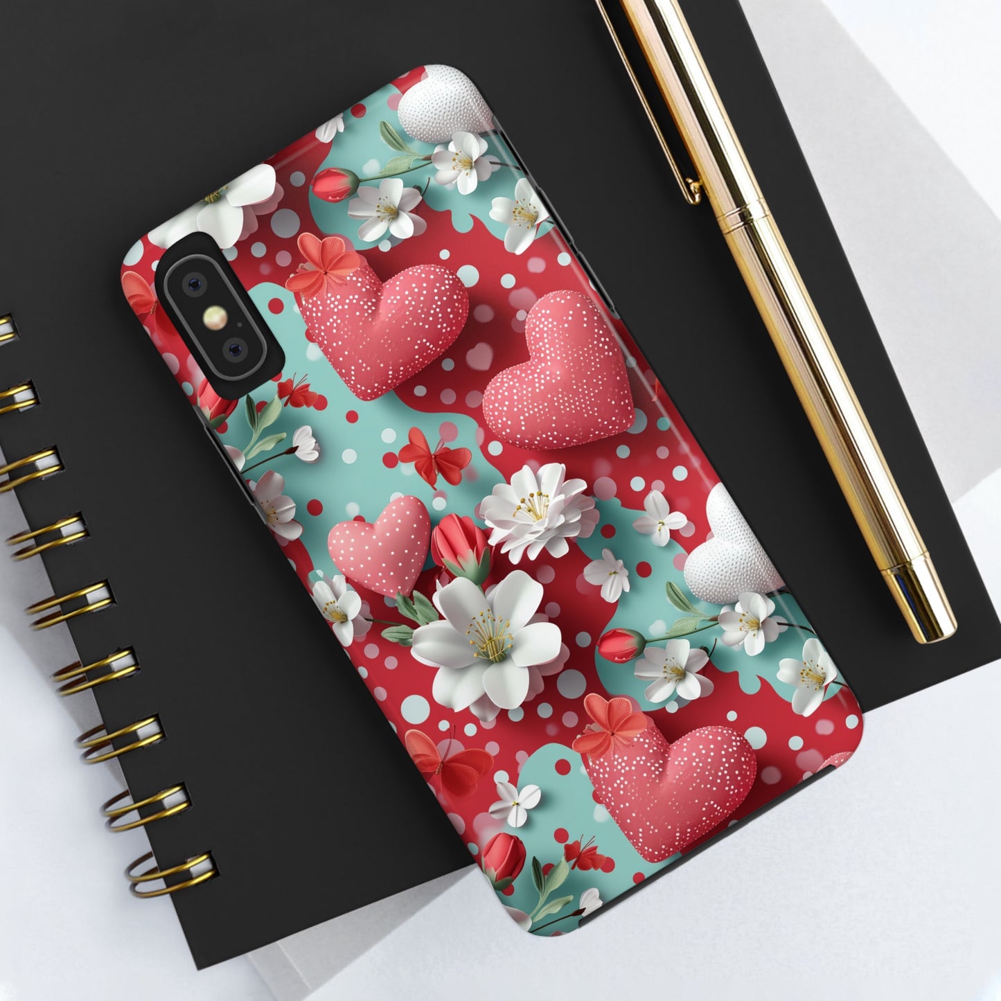 Polka Dot Hearts and Flowers Digital print Design Tough Phone Case compatible with a large variety of iPhone models, Gift, Phone Case