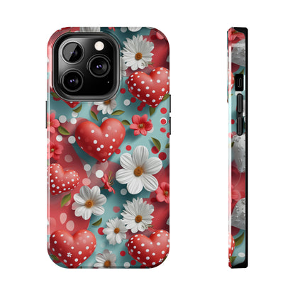 White Flowers Red Polka Dot Hearts Digital print Design Tough Phone Case compatible with a large variety of iPhone models, Gift, Phone Case