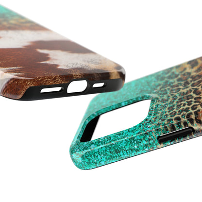 Western Cow Print, Teal, and Leopard print Design Phone Case- Lightweight, Impact Resistant Cover for iPhone 6, 6s, 12, 13, 14, 15