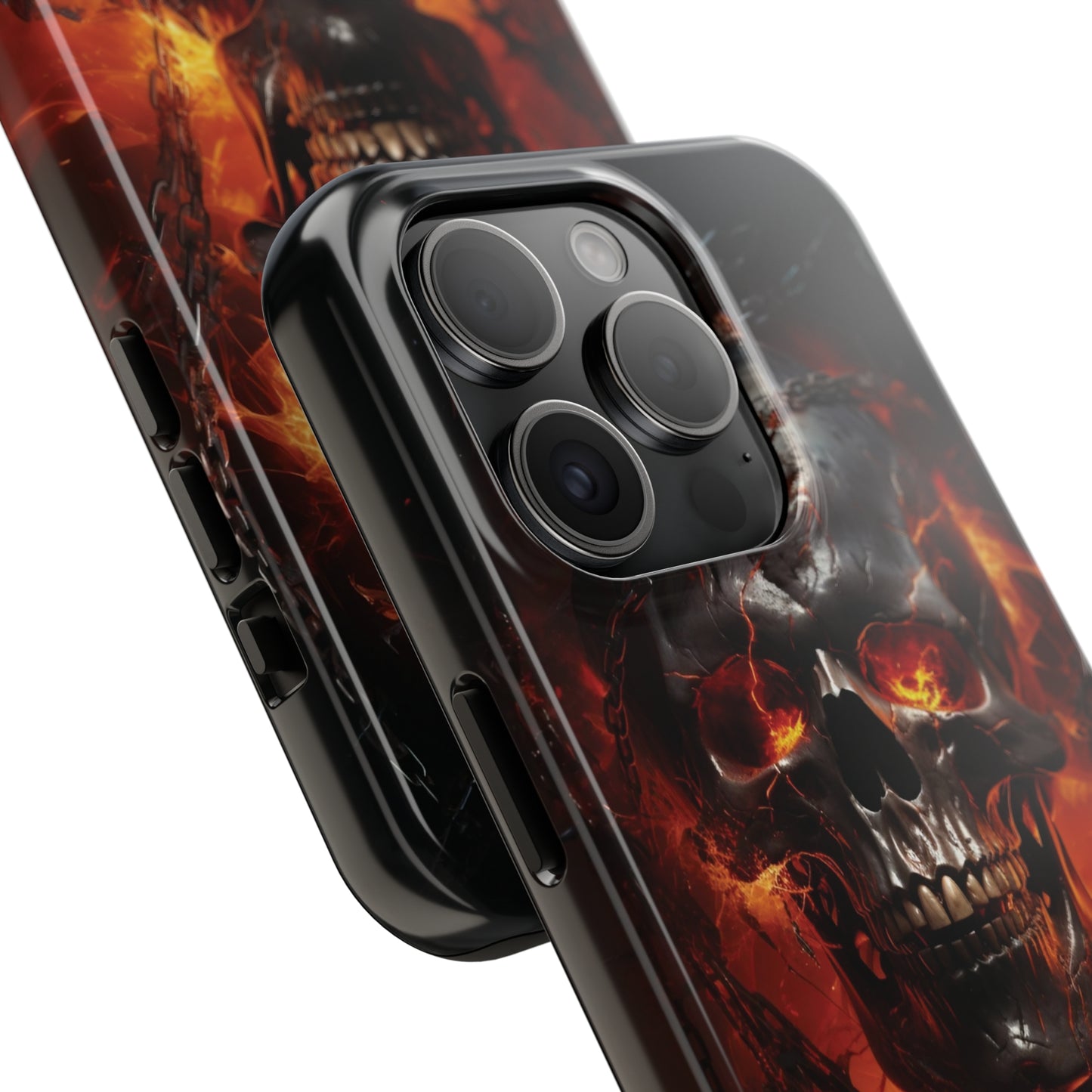 Gothic Skull iPhone Case, Dark Aesthetic Fiery Eyes, Unique Horror Style iPhone Accessory, Cool Tech Design for iPhone Models, Durable Phone Accessory Protective Cover for iPhone Models, Tough iPhone Case