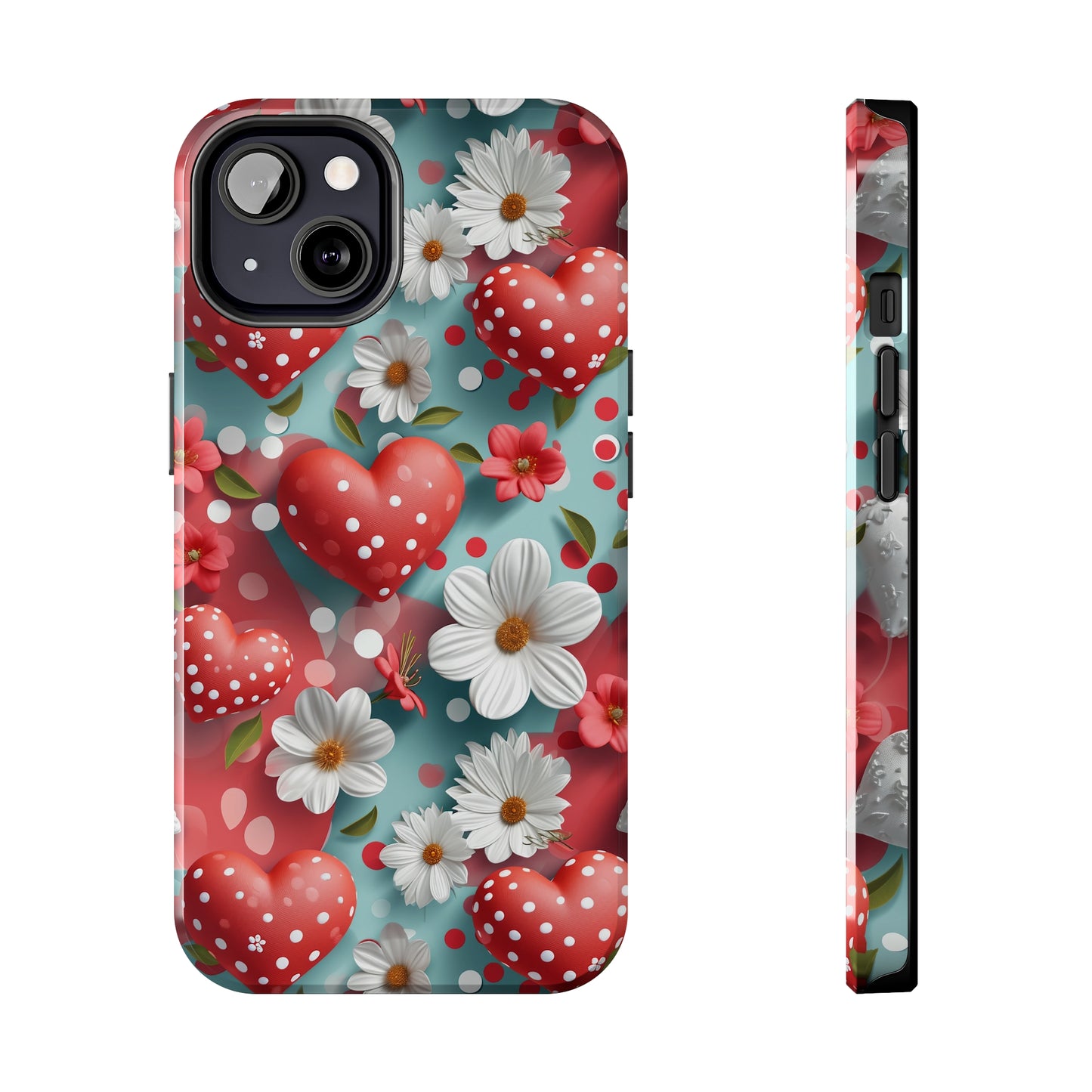 White Flowers Red Polka Dot Hearts Digital print Design Tough Phone Case compatible with a large variety of iPhone models, Gift, Phone Case