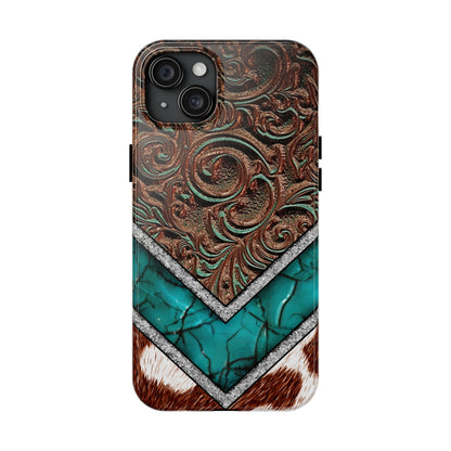 Western Cow Print, Faux Turquoise and Leather Digital print design Phone Case- Lightweight, Impact Resistant Cover for iPhone 6, 6s, 12, 13, 14, 15