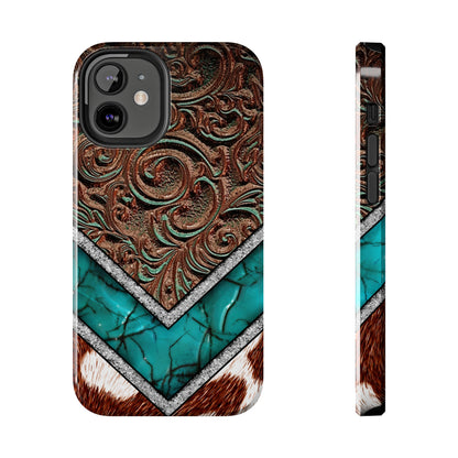 Western Cow Print, Faux Turquoise and Leather Digital print design Phone Case- Lightweight, Impact Resistant Cover for iPhone 6, 6s, 12, 13, 14, 15