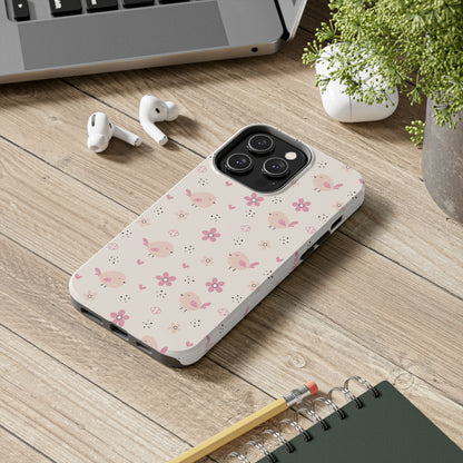 Cute Pink Birds and Flowers print design Tough Phone Case compatible with a large variety of iphone models