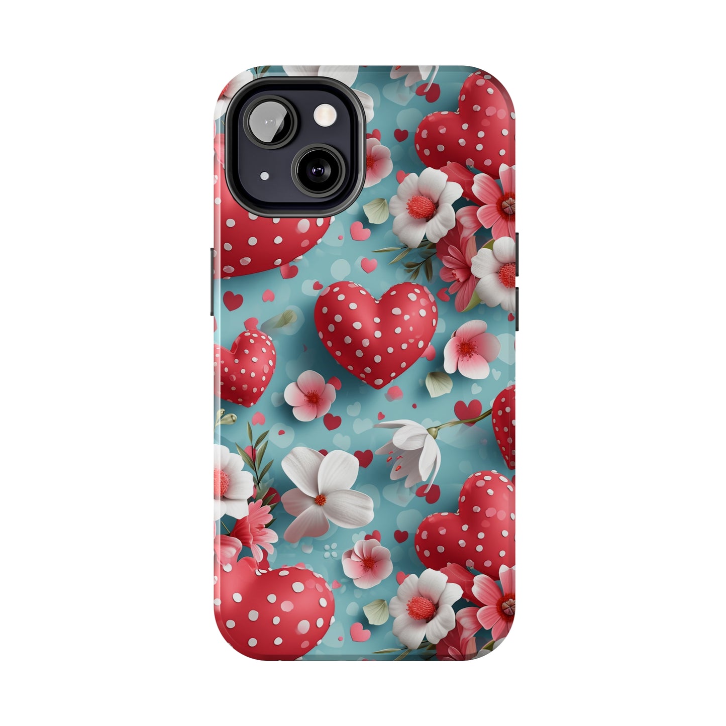 Pink White Flowers Red Hearts Digital print Design Tough Phone Case compatible with a large variety of iPhone models, Gift, Phone Case