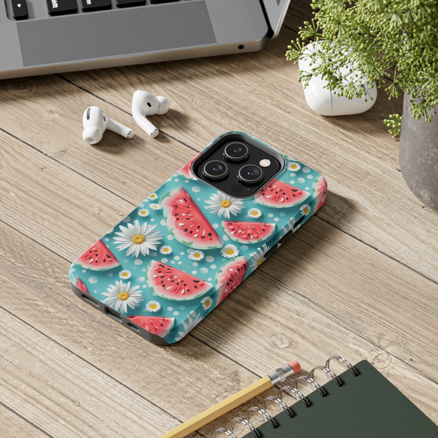 Watermelon Slices and Daisies Digital print Design Tough Phone Case compatible with a large variety of iPhone models, Gift, Phone Case