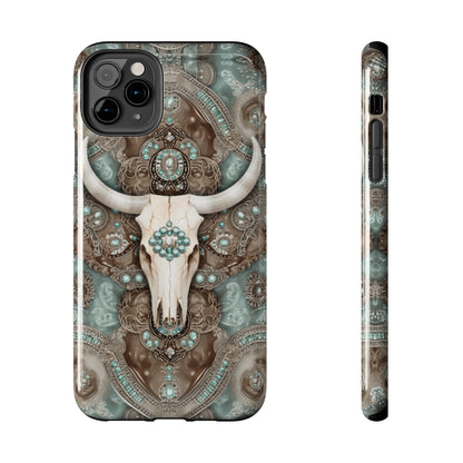 Western Cow Skull and Turquoise print design Phone Case- Lightweight, Impact Resistant Cover for iPhone 6, 6s, 12, 13, 14, 15