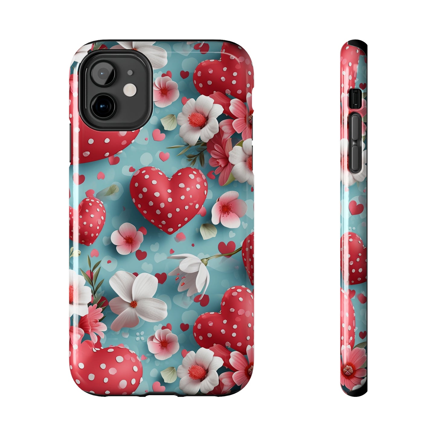 Pink White Flowers Red Hearts Digital print Design Tough Phone Case compatible with a large variety of iPhone models, Gift, Phone Case