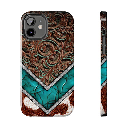 Western Cow Print, Faux Turquoise and Leather Digital print design Phone Case- Lightweight, Impact Resistant Cover for iPhone 6, 6s, 12, 13, 14, 15