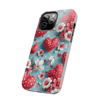 Pink White Flowers Red Hearts Digital print Design Tough Phone Case compatible with a large variety of iPhone models, Gift, Phone Case