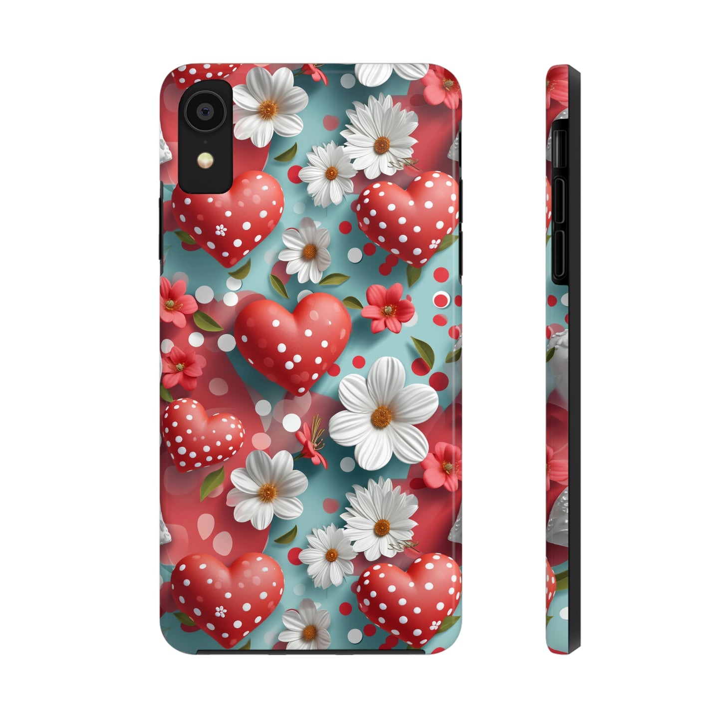 White Flowers Red Polka Dot Hearts Digital print Design Tough Phone Case compatible with a large variety of iPhone models, Gift, Phone Case