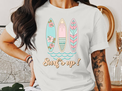 Surf's Up T-Shirt, Beach Lover Graphic Tee, Summer Surfboard Design, Tropical Floral Print