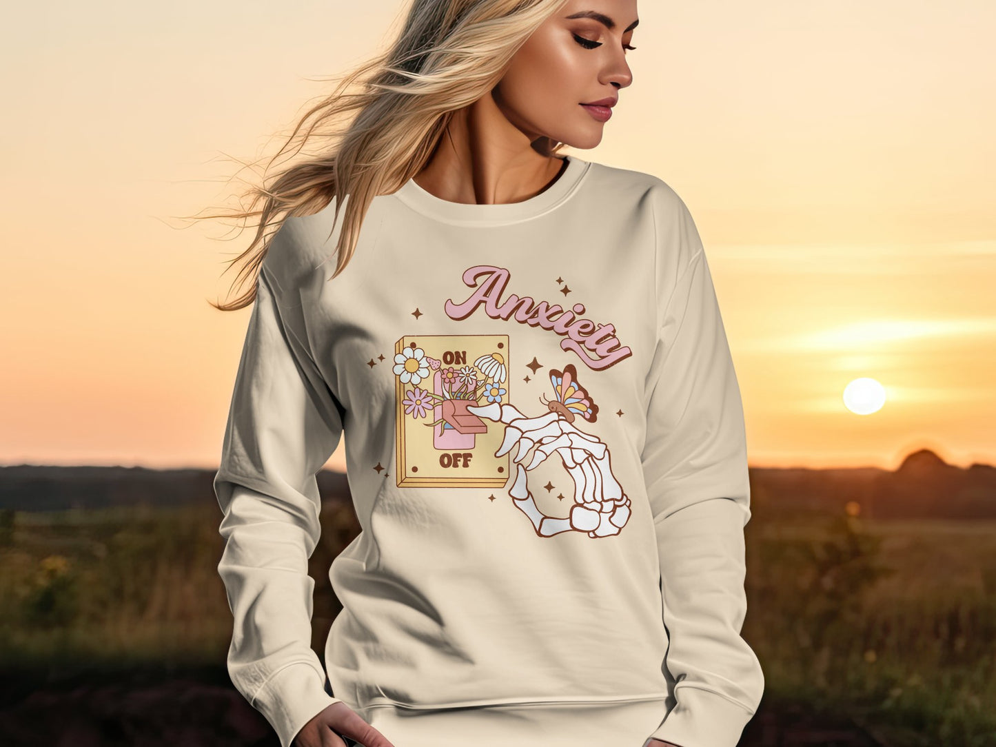 Anxiety Off Switch Graphic Sweatshirt, Mental Health Awareness Pullover, Cozy Self Care Top, Floral Butterfly Design, Unisex Heavy Blend™ Crewneck Sweatshirt