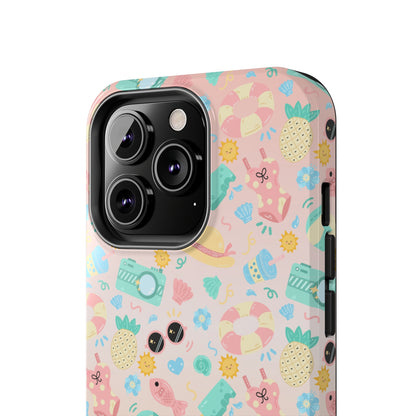 Cute Summer Vibes iPhone Case, Tropical Beach Icons Phone Cover, Pastel Colored Accessory Design, Protective Case for iPhone Models, Tough Phone Case