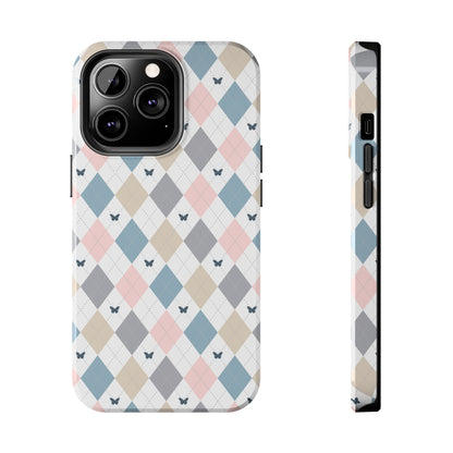 Argyle Pastel Plaid and Butterflies print design Tough Phone Case compatible with a large variety of iphone models