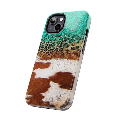 Western Cow Print, Teal, and Leopard print Design Phone Case- Lightweight, Impact Resistant Cover for iPhone 6, 6s, 12, 13, 14, 15