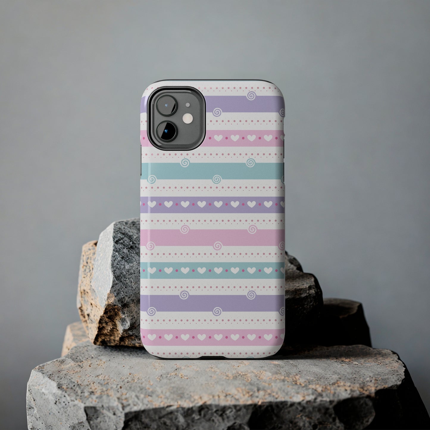 Pastel Stripes and Hearts print design Tough Phone Case compatible with a large variety of iphone models