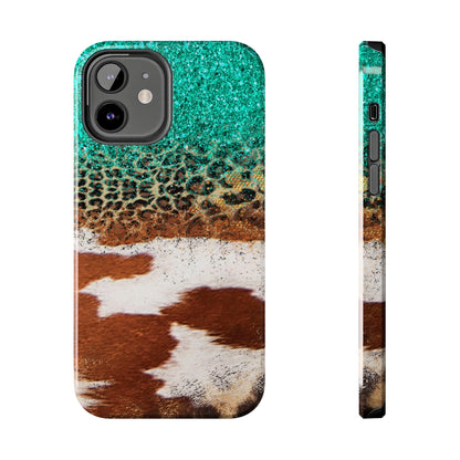 Western Cow Print, Teal, and Leopard print Design Phone Case- Lightweight, Impact Resistant Cover for iPhone 6, 6s, 12, 13, 14, 15