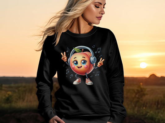 Cute Peach Dancing Emoji Music Lover Sweatshirt, Unisex Trendy Fruit Design Pullover, Casual Streetwear, Unisex Heavy Blend™ Crewneck Sweatshirt