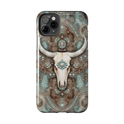 Western Cow Skull and Turquoise print design Phone Case- Lightweight, Impact Resistant Cover for iPhone 6, 6s, 12, 13, 14, 15