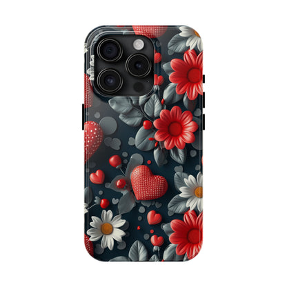 3D Flowers and Red Hearts Digital print Design Tough Phone Case compatible with a large variety of iPhone models, Gift, Phone Case