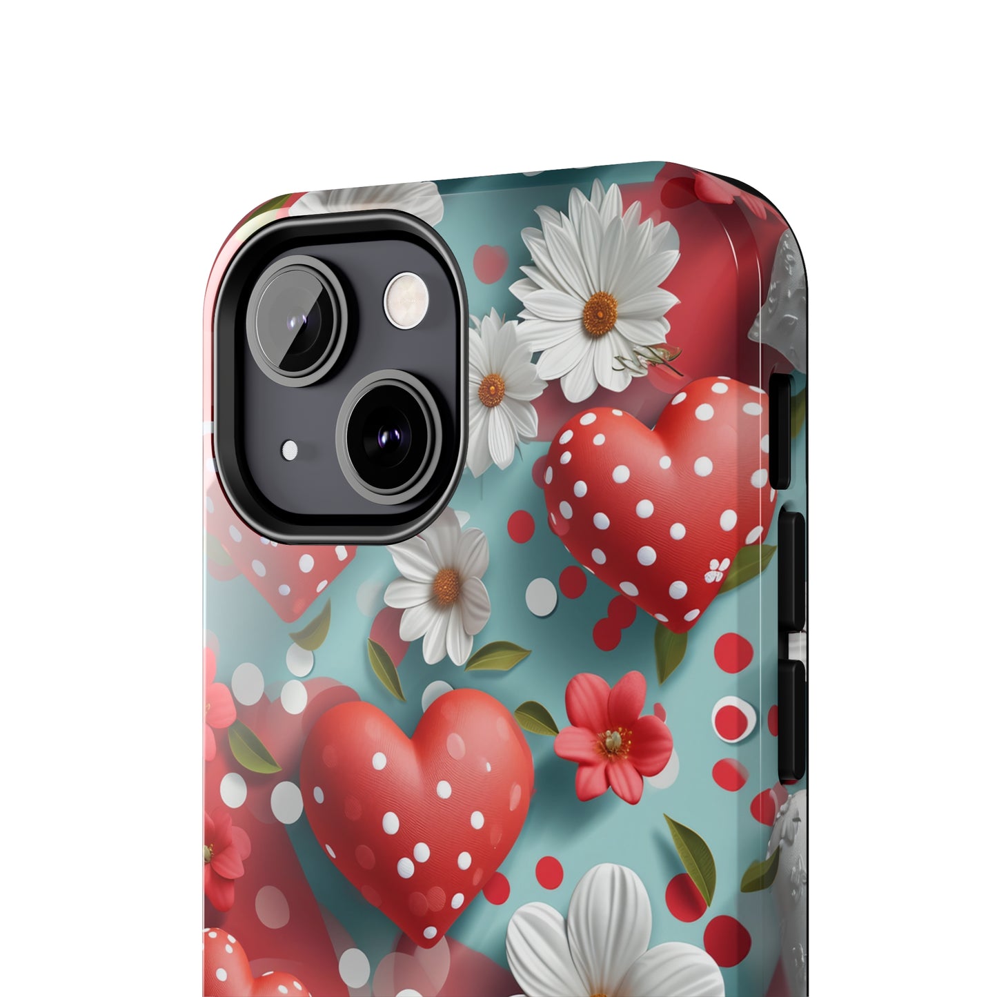 White Flowers Red Polka Dot Hearts Digital print Design Tough Phone Case compatible with a large variety of iPhone models, Gift, Phone Case