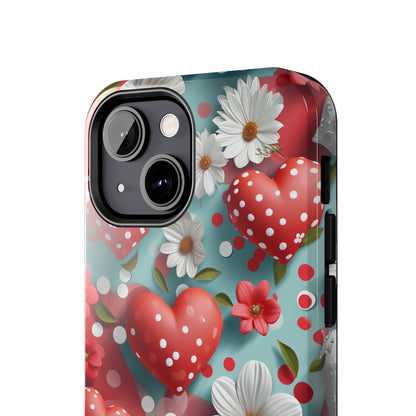 White Flowers Red Polka Dot Hearts Digital print Design Tough Phone Case compatible with a large variety of iPhone models, Gift, Phone Case