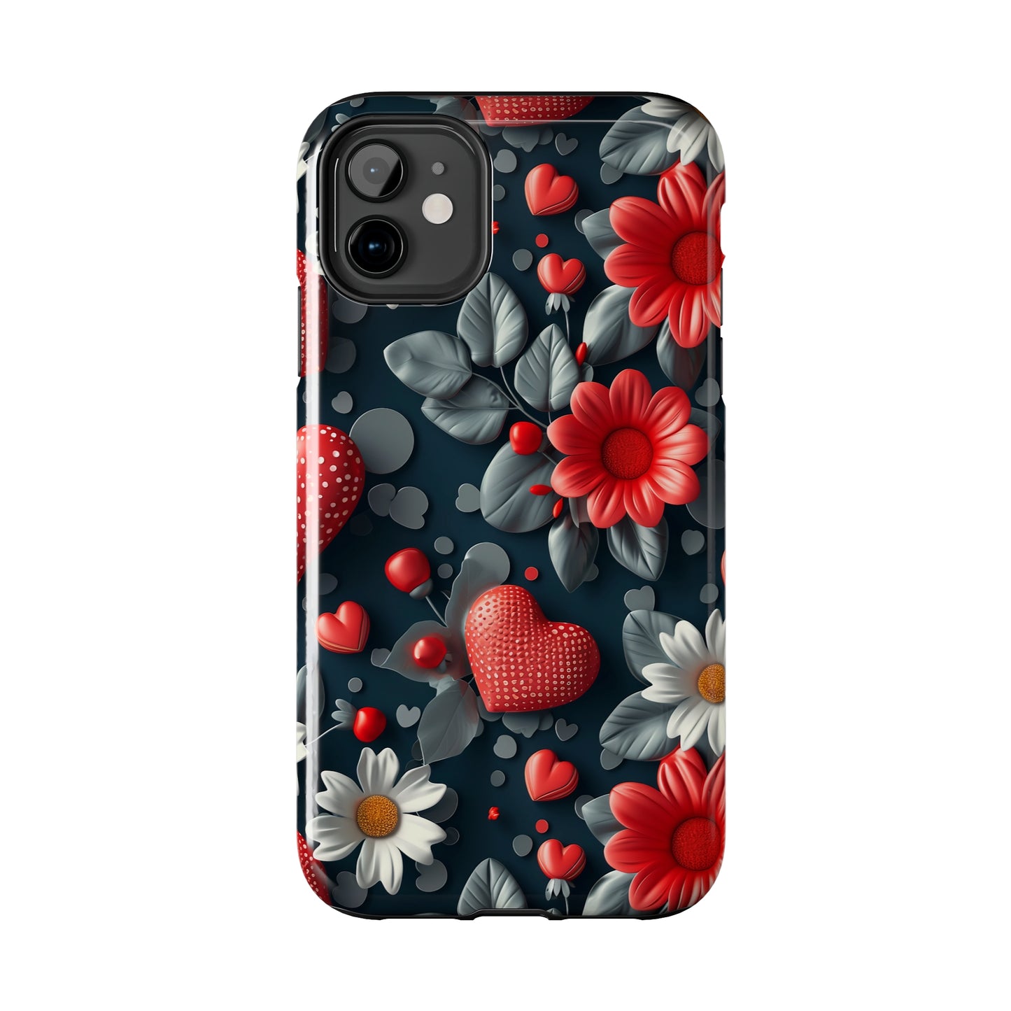 3D Flowers and Red Hearts Digital print Design Tough Phone Case compatible with a large variety of iPhone models, Gift, Phone Case