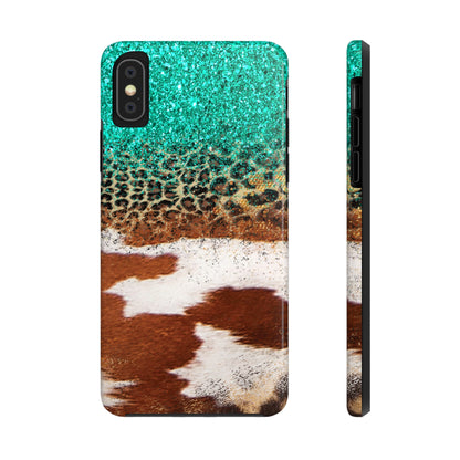 Western Cow Print, Teal, and Leopard print Design Phone Case- Lightweight, Impact Resistant Cover for iPhone 6, 6s, 12, 13, 14, 15