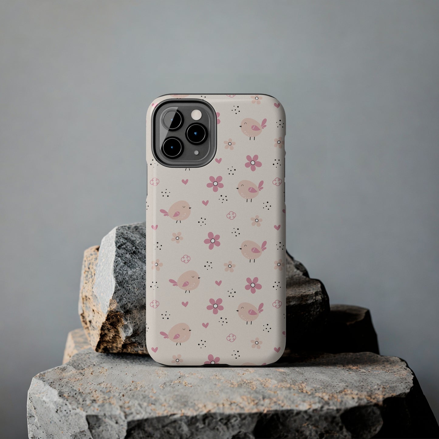 Cute Pink Birds and Flowers print design Tough Phone Case compatible with a large variety of iphone models