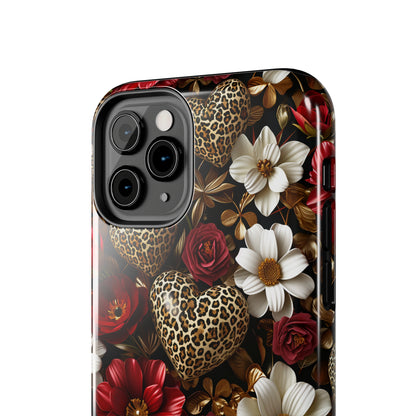 Red Gold Flowers Leopard Hearts Digital print Design Tough Phone Case compatible with a large variety of iPhone models, Gift, Phone Case