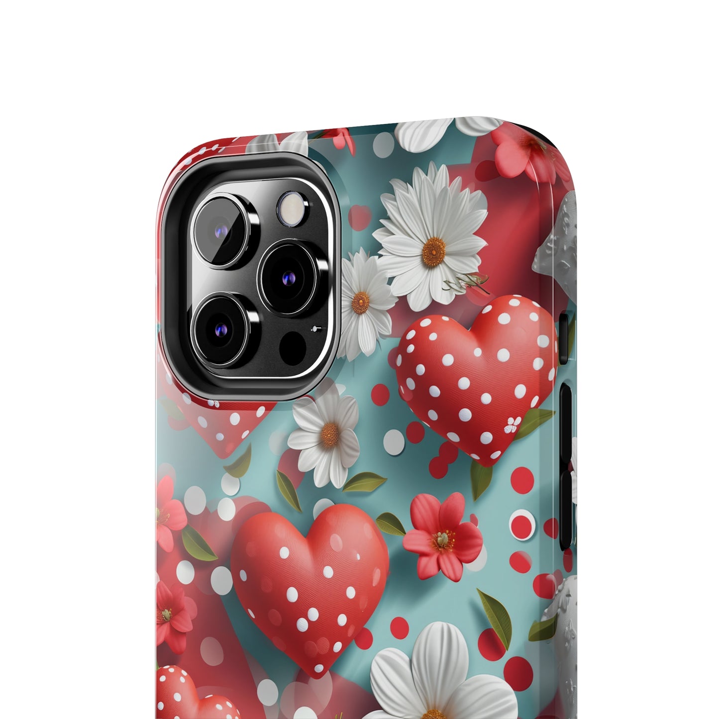 White Flowers Red Polka Dot Hearts Digital print Design Tough Phone Case compatible with a large variety of iPhone models, Gift, Phone Case