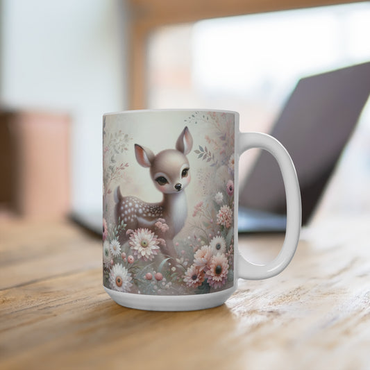 Woodland Fawn Coffee Mug, Cute Deer Floral Print, Wildlife Nature Inspired Cup, Whimsical Forest Animals, Gift for Animal Lovers