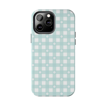 Cute Blue and White Gingham with Daisies Digital print Design Tough Phone Case compatible with a large variety of iPhone models, Gift, Phone Case