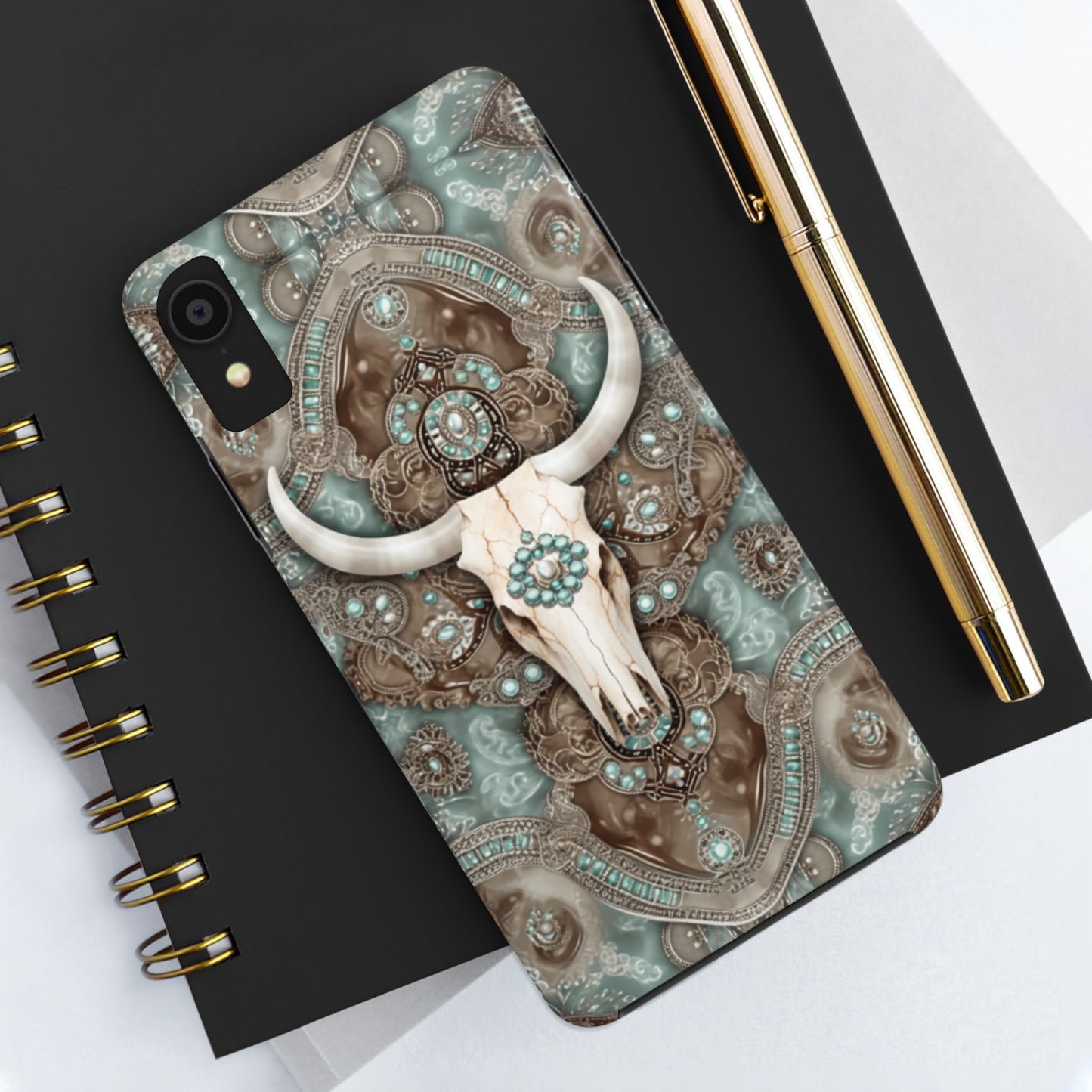 Western Cow Skull and Turquoise print design Phone Case- Lightweight, Impact Resistant Cover for iPhone 6, 6s, 12, 13, 14, 15