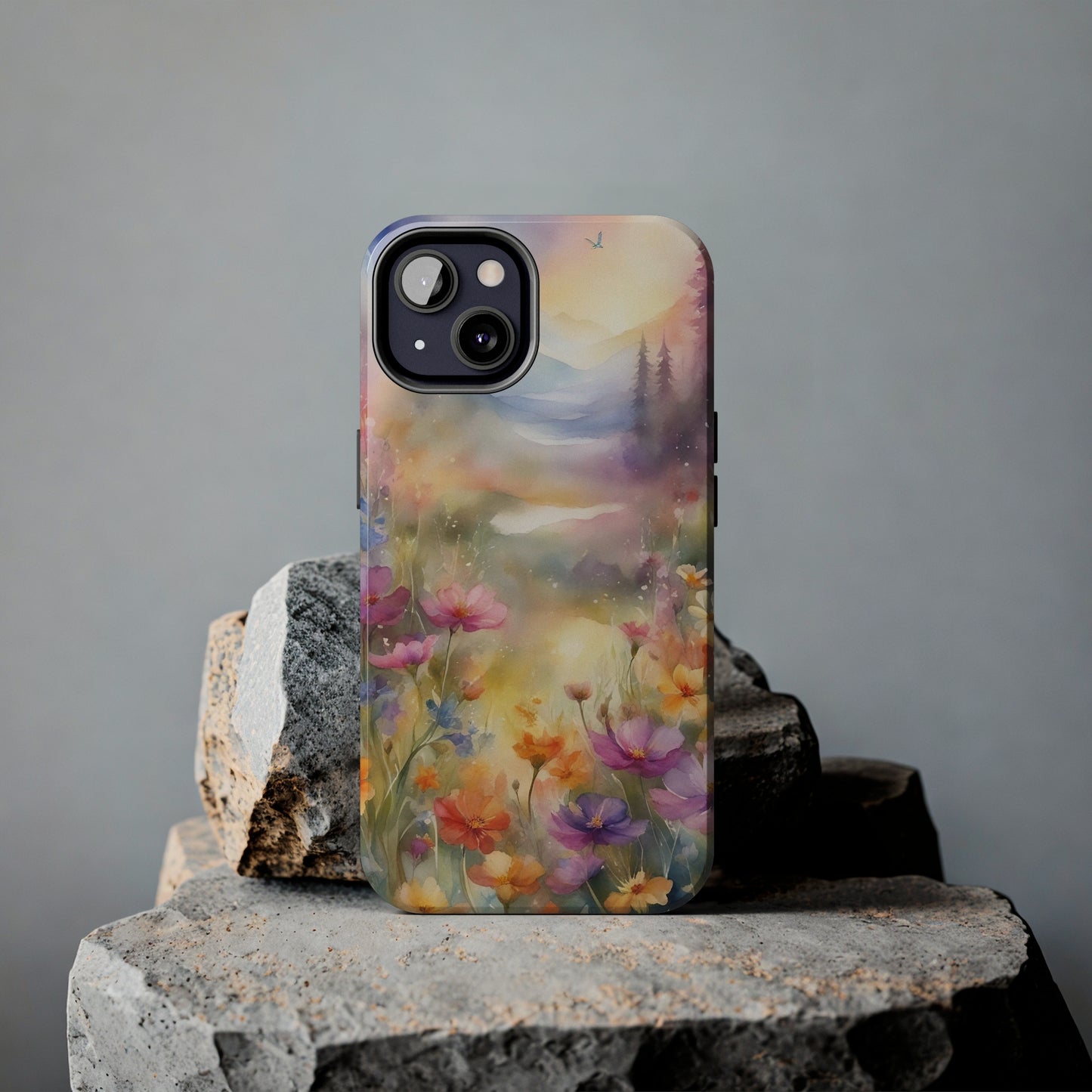 Watercolor Landscape and Wildflowers Pattern print design Tough Phone Case compatible with a large variety of phone models, Phone Case