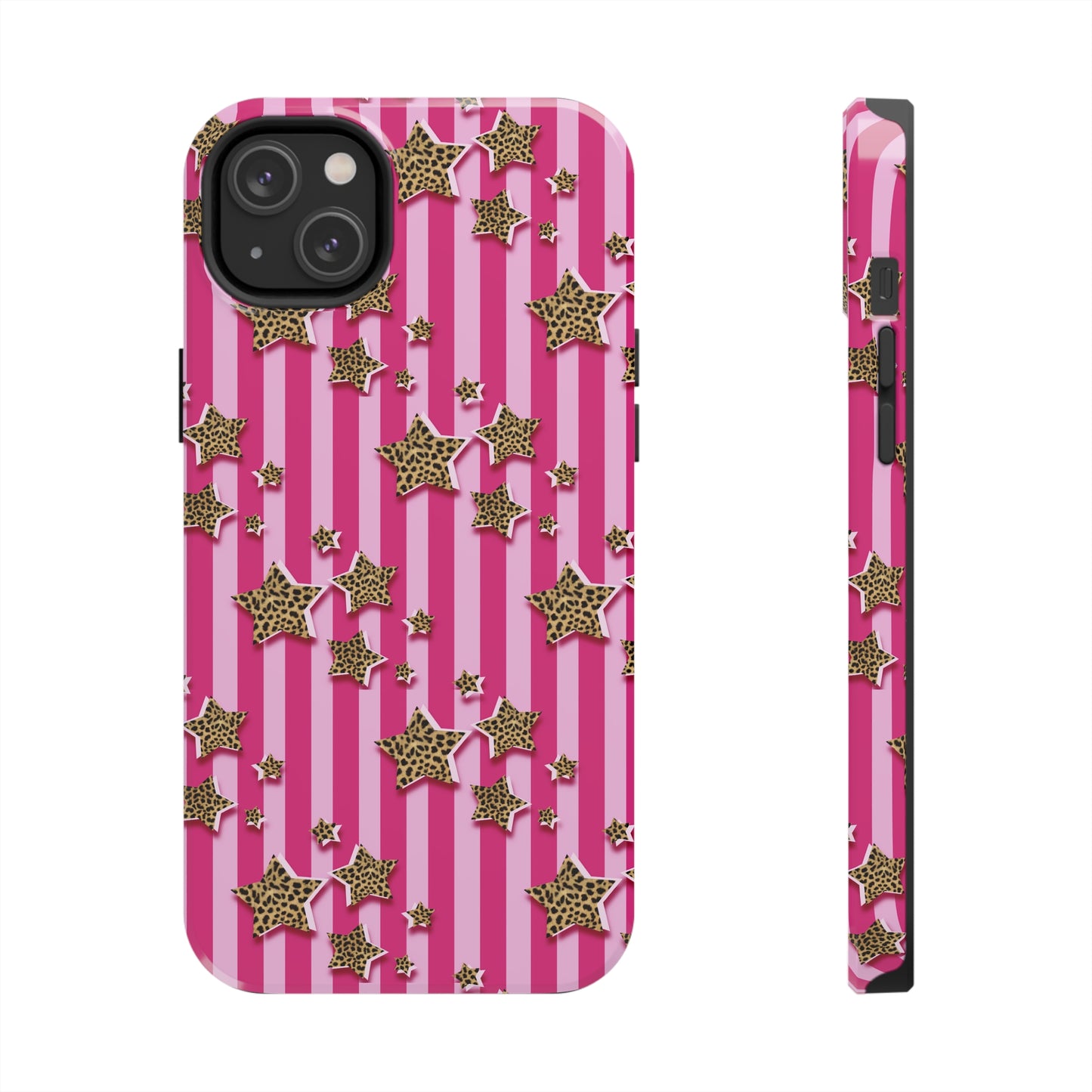 Girly Cheetah Stars and Pink Stripes Design Phone Case- Lightweight, Impact Resistant Cover for iPhone 6, 6s, 12, 13, 14, 15