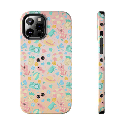 Cute Summer Vibes iPhone Case, Tropical Beach Icons Phone Cover, Pastel Colored Accessory Design, Protective Case for iPhone Models, Tough Phone Case