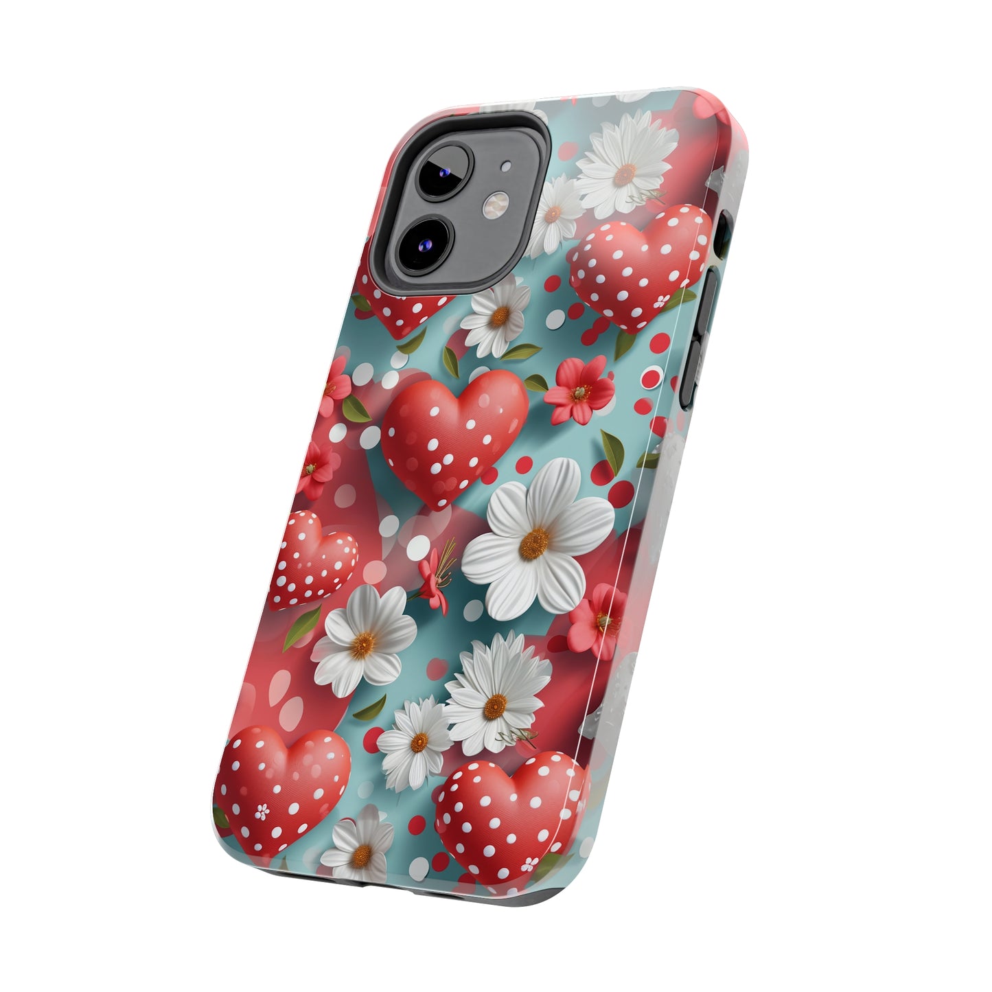 White Flowers Red Polka Dot Hearts Digital print Design Tough Phone Case compatible with a large variety of iPhone models, Gift, Phone Case