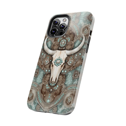 Western Cow Skull and Turquoise print design Phone Case- Lightweight, Impact Resistant Cover for iPhone 6, 6s, 12, 13, 14, 15